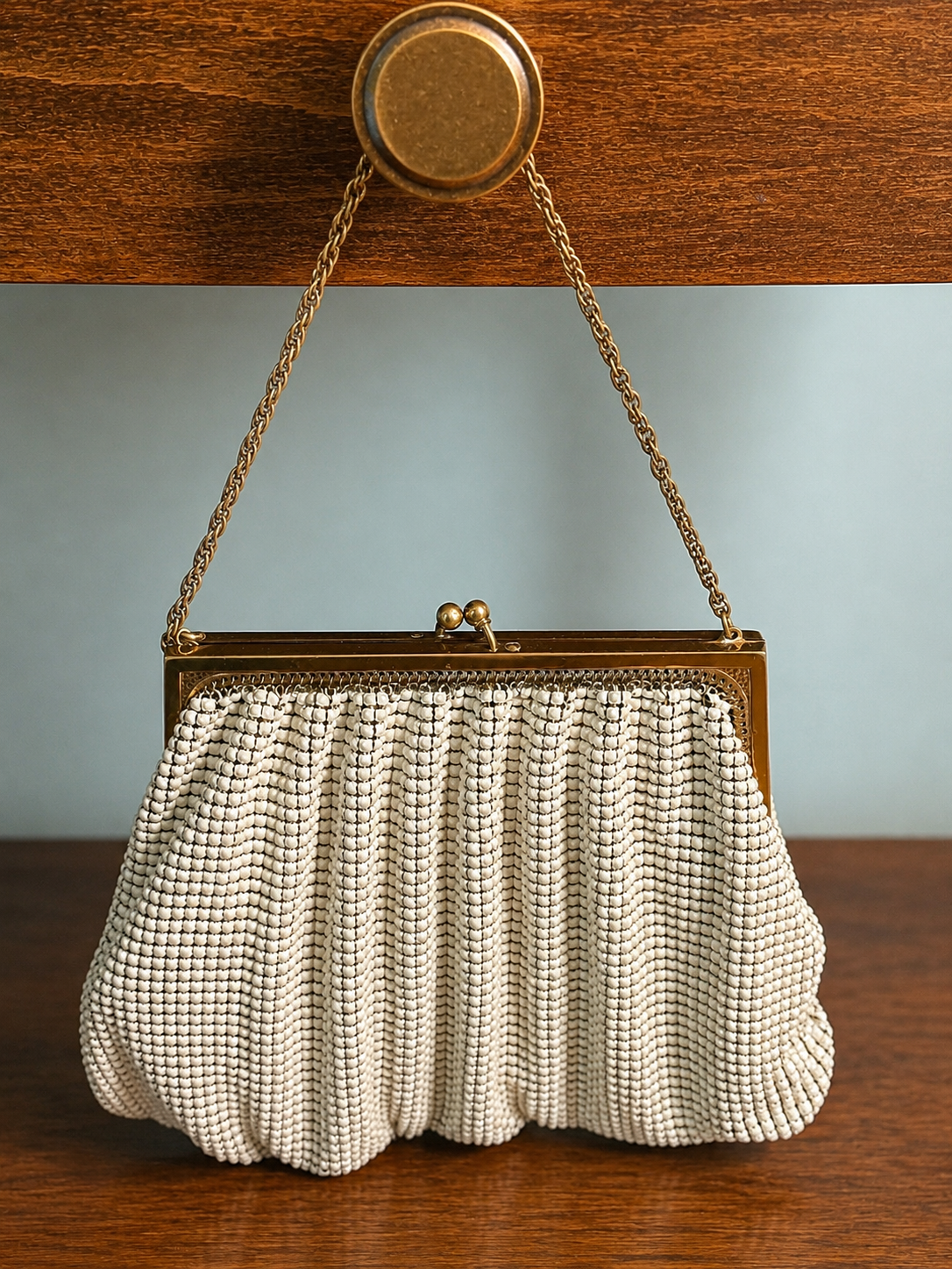 Vintage Whiting & Davis Cream Beaded Frame Bag with Gold Chain