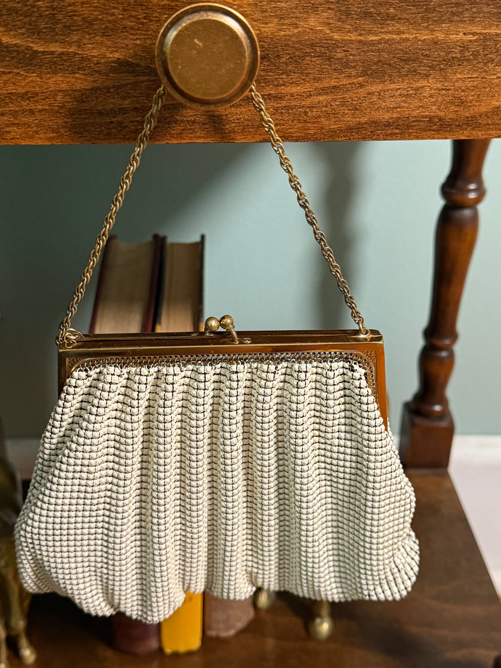 Vintage Whiting & Davis Cream Beaded Frame Bag with Gold Chain