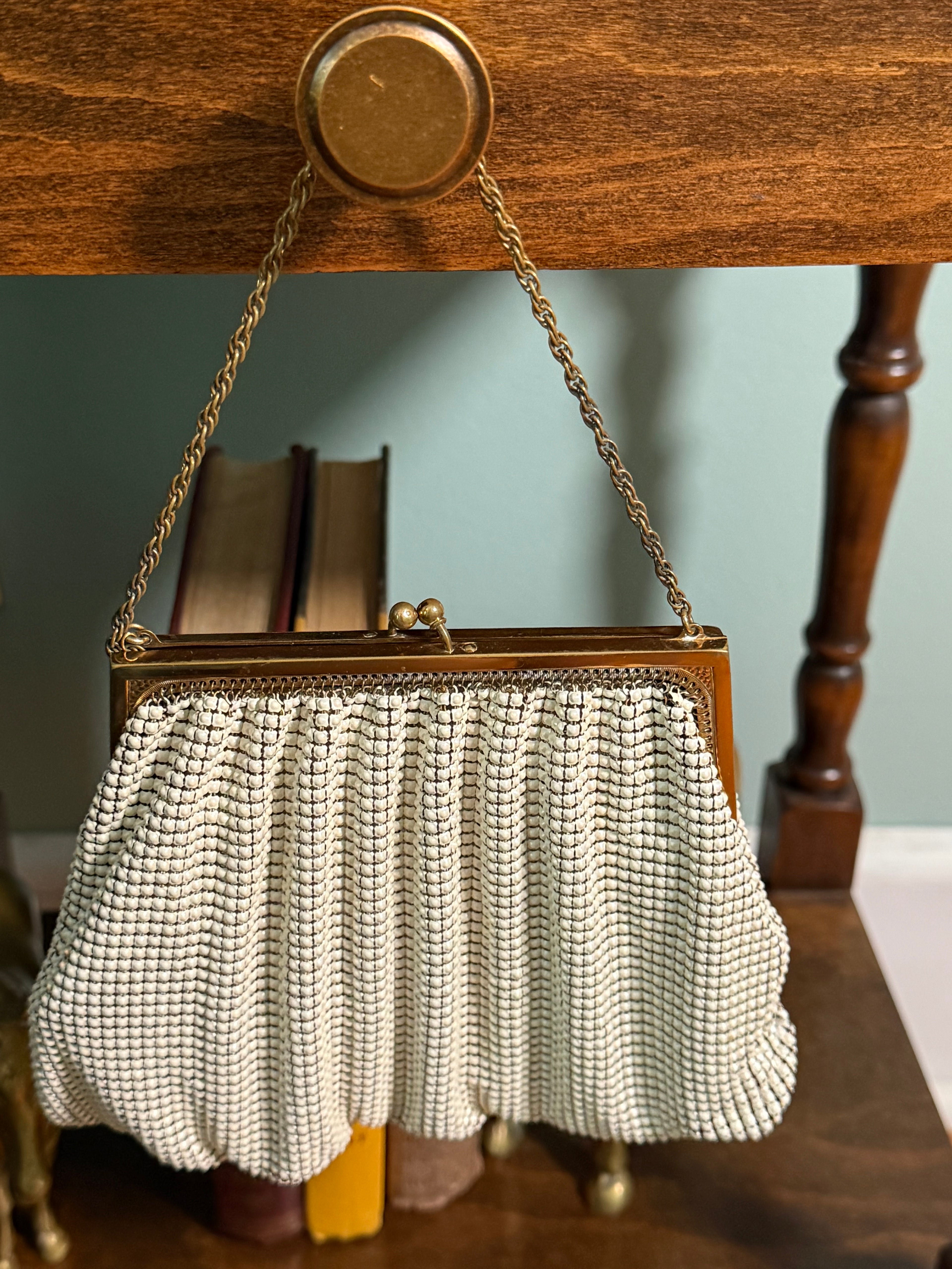 Vintage Whiting & Davis Cream Beaded Frame Bag with Gold Chain