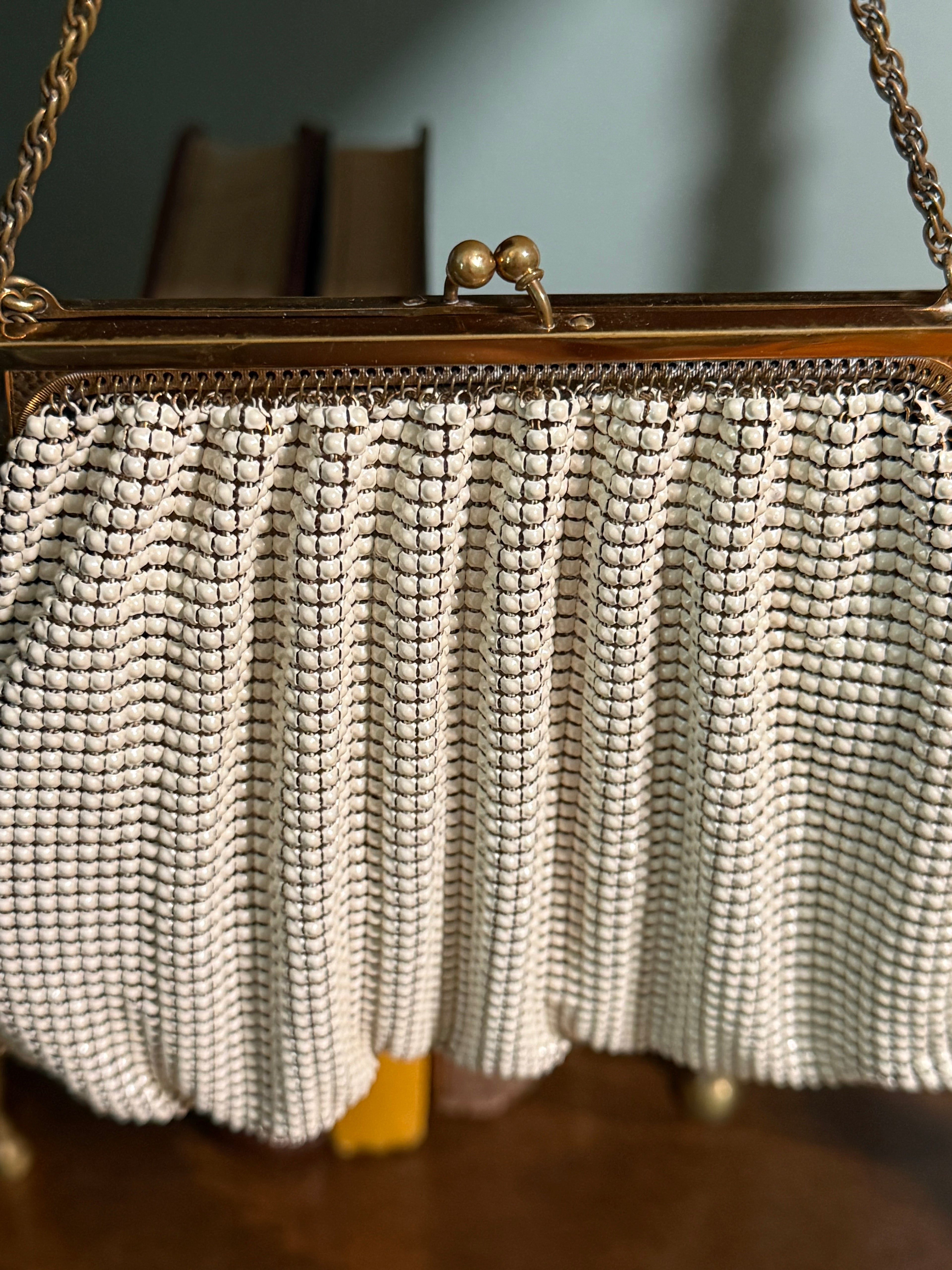 Vintage Whiting & Davis Cream Beaded Frame Bag with Gold Chain
