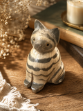 Vintage Hand Carved Buffalo Horn Cat Figurine Gray Tabby Made in Thailand