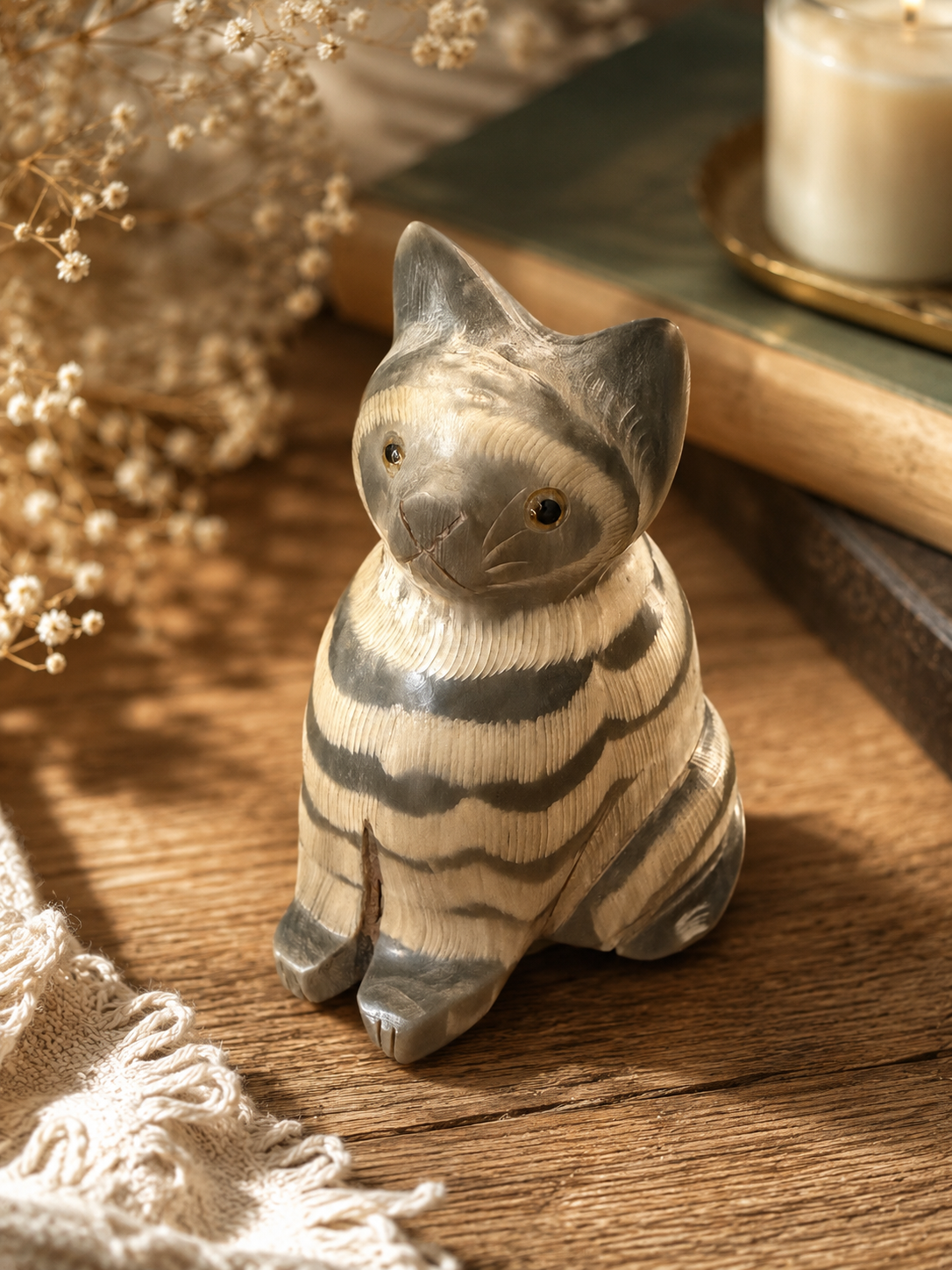 Vintage Hand Carved Buffalo Horn Cat Figurine Gray Tabby Made in Thailand