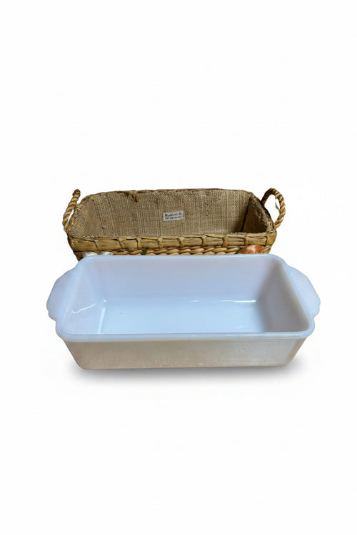 Vintage Fire-King 409 1 Qt Milk Glass Baking Dish with Raffia Strawberry Basket Carrier – Philippines