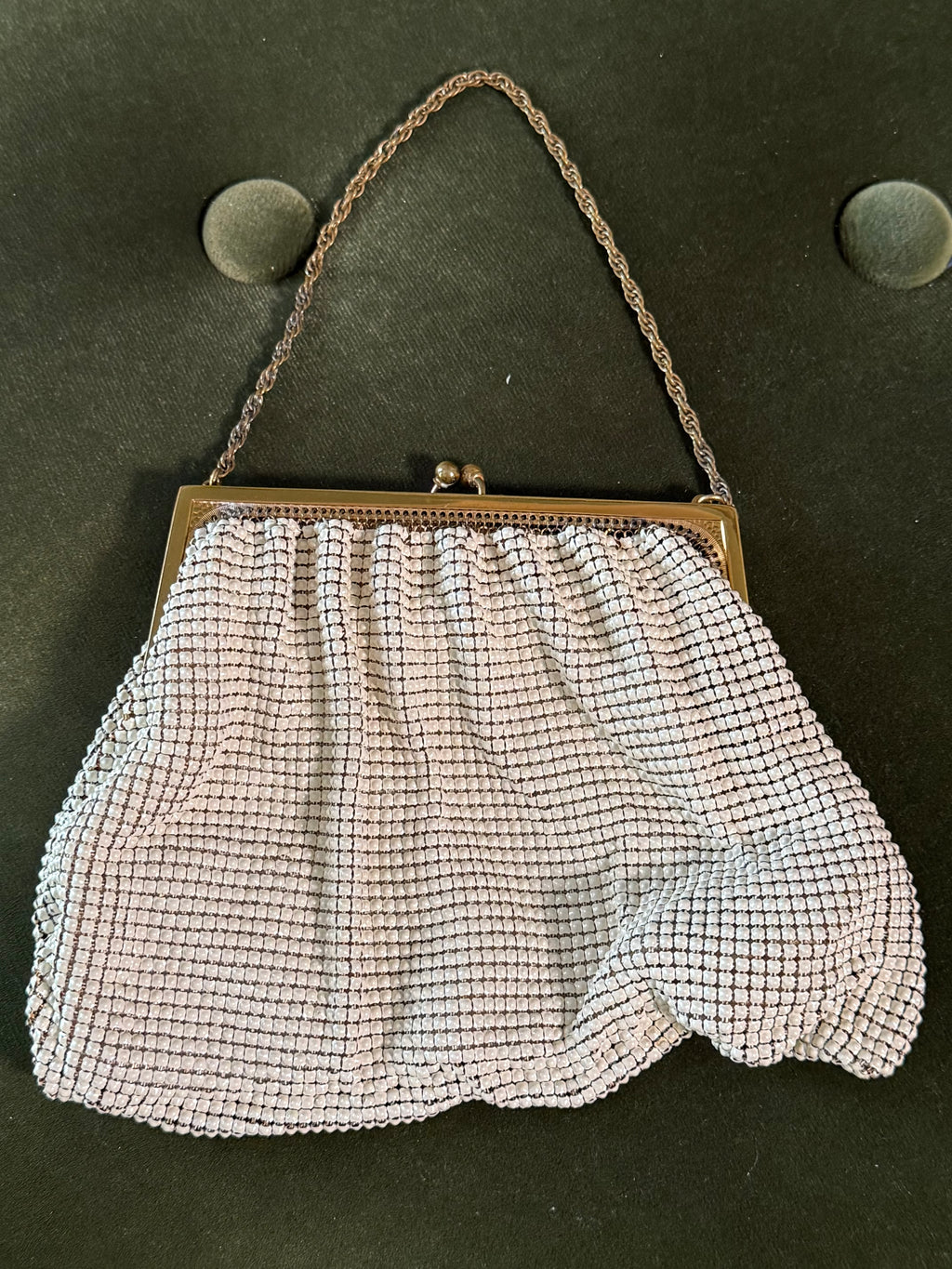 Vintage Whiting & Davis Cream Beaded Frame Bag with Gold Chain