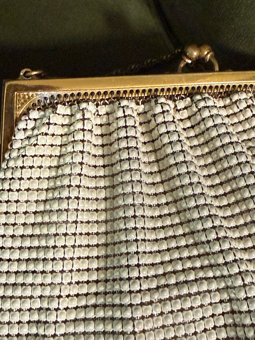 Vintage Whiting & Davis Cream Beaded Frame Bag with Gold Chain