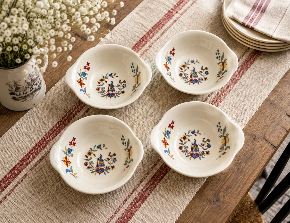 Vintage Crooksville China Ina-lure Handled Cream Soup Bowls 6” Folk Art USA