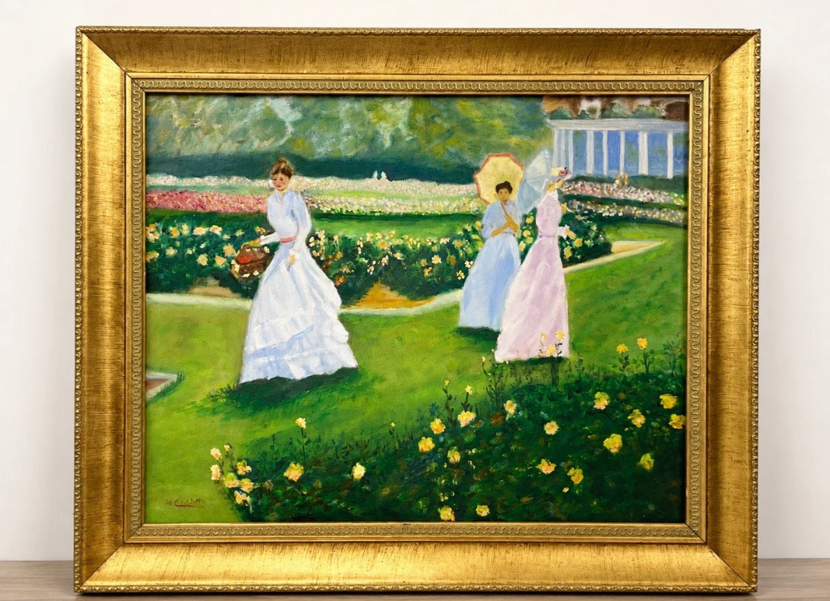 Vintage Impressionist Style Garden Scene Original Painting Framed 20x16 Canvas